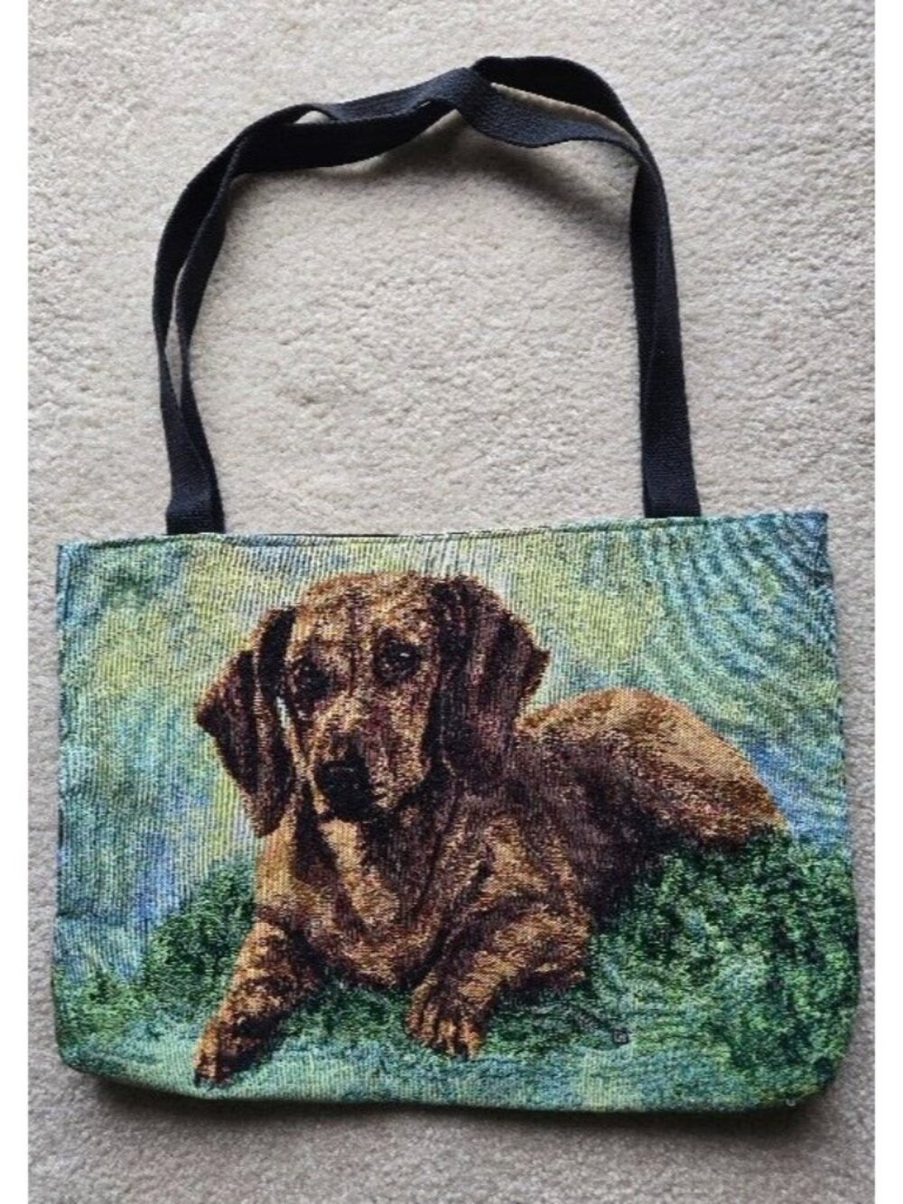 Linda Picken Brown Dachshund Signed Tapestry Tote Green Background